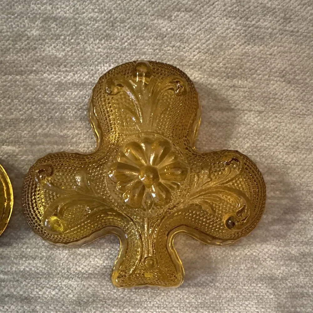 1970’s Amber Glass Shamrock Trinket Dishes set 2 Floral Pattern Indiana Glass Co